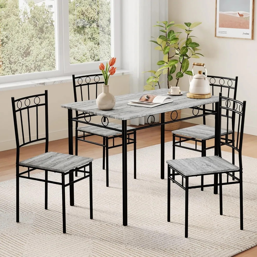 5 Piece Rectangular Dining Table Set 4 People Kitchen Table Chairs Set