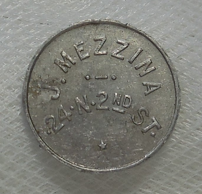 PORTLAND OREGON J. MEZZINA 24 N 2ND ST. GOOD FOR 5¢ IN TRADE TOKEN