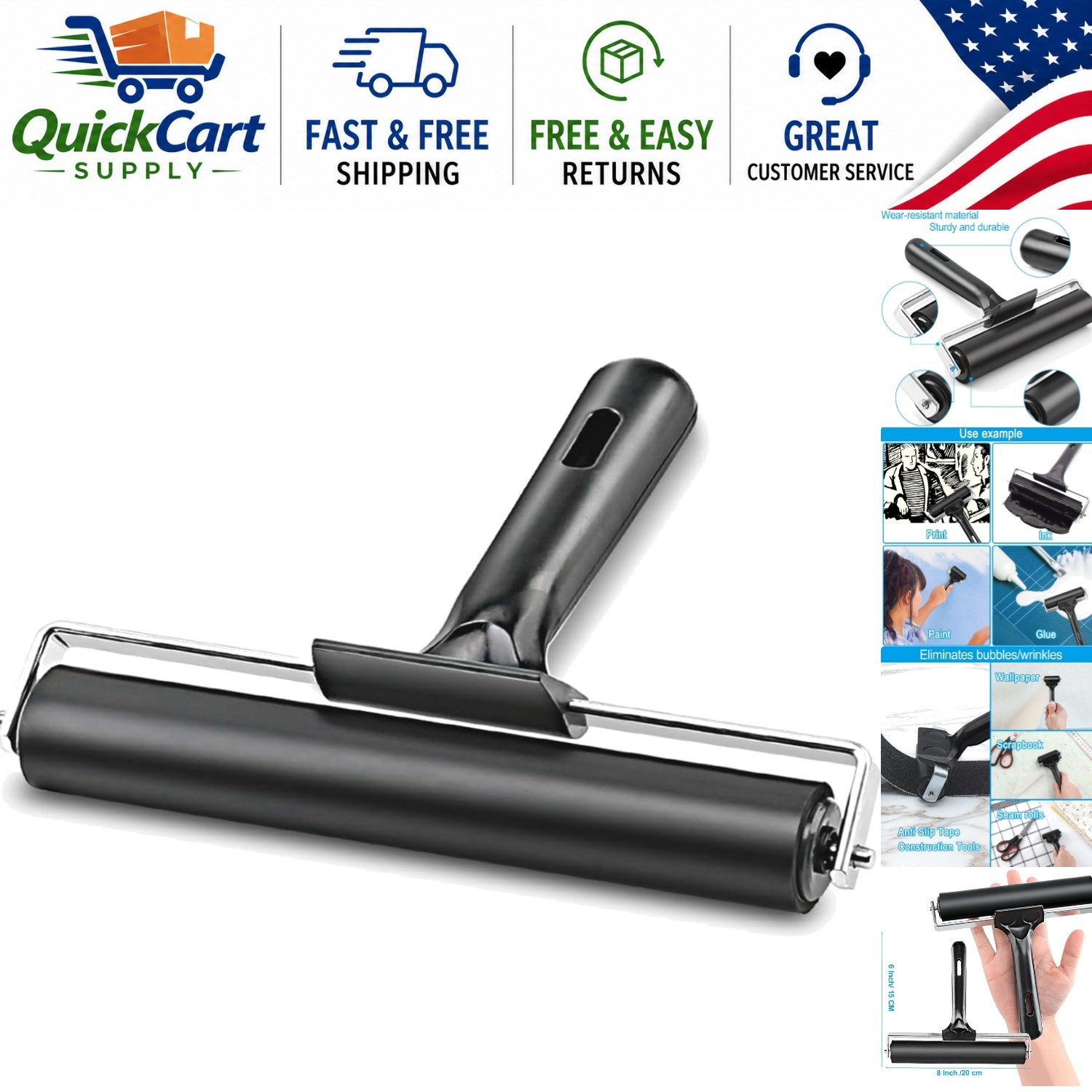8-Inch Solid Rubber Roller for Printmaking & Anti Skid Tape Applications