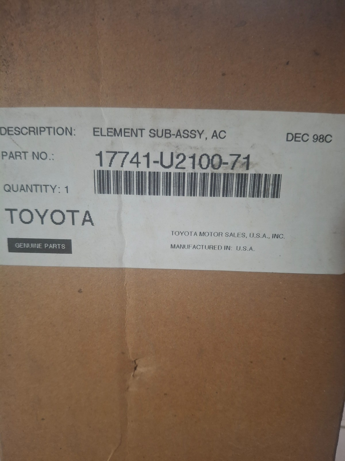 Toyota 17741-U2100-71 Forklift Engine Outer Air Filter Element New Sealed Box