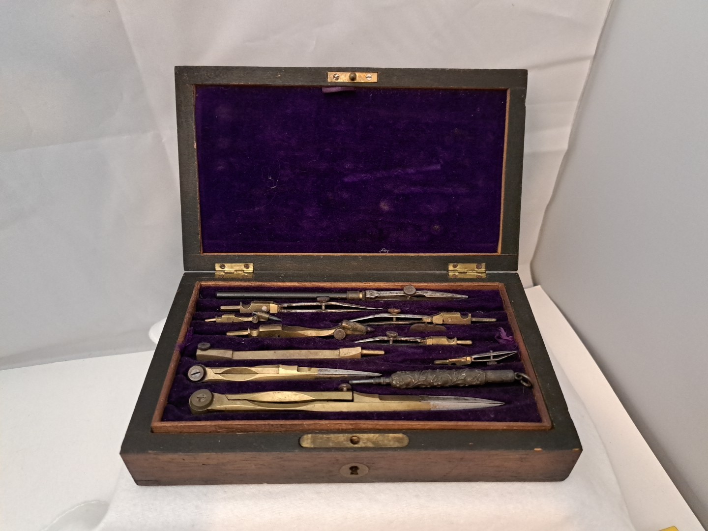 Antique Technical Mathematical Drawing Instruments Set Geometry in Wood Box