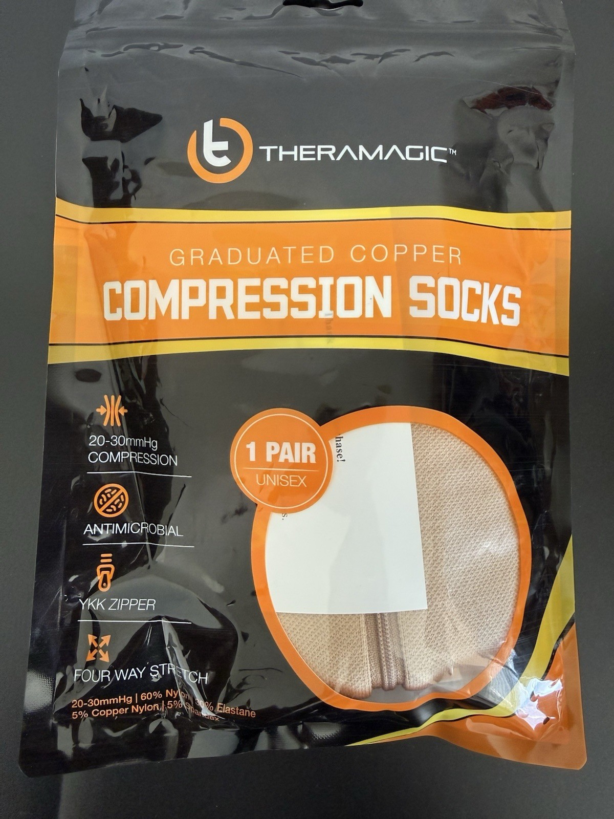 TheraMagic 20-30 mmHg Copper Compression Socks Zipper 2XL Beige New