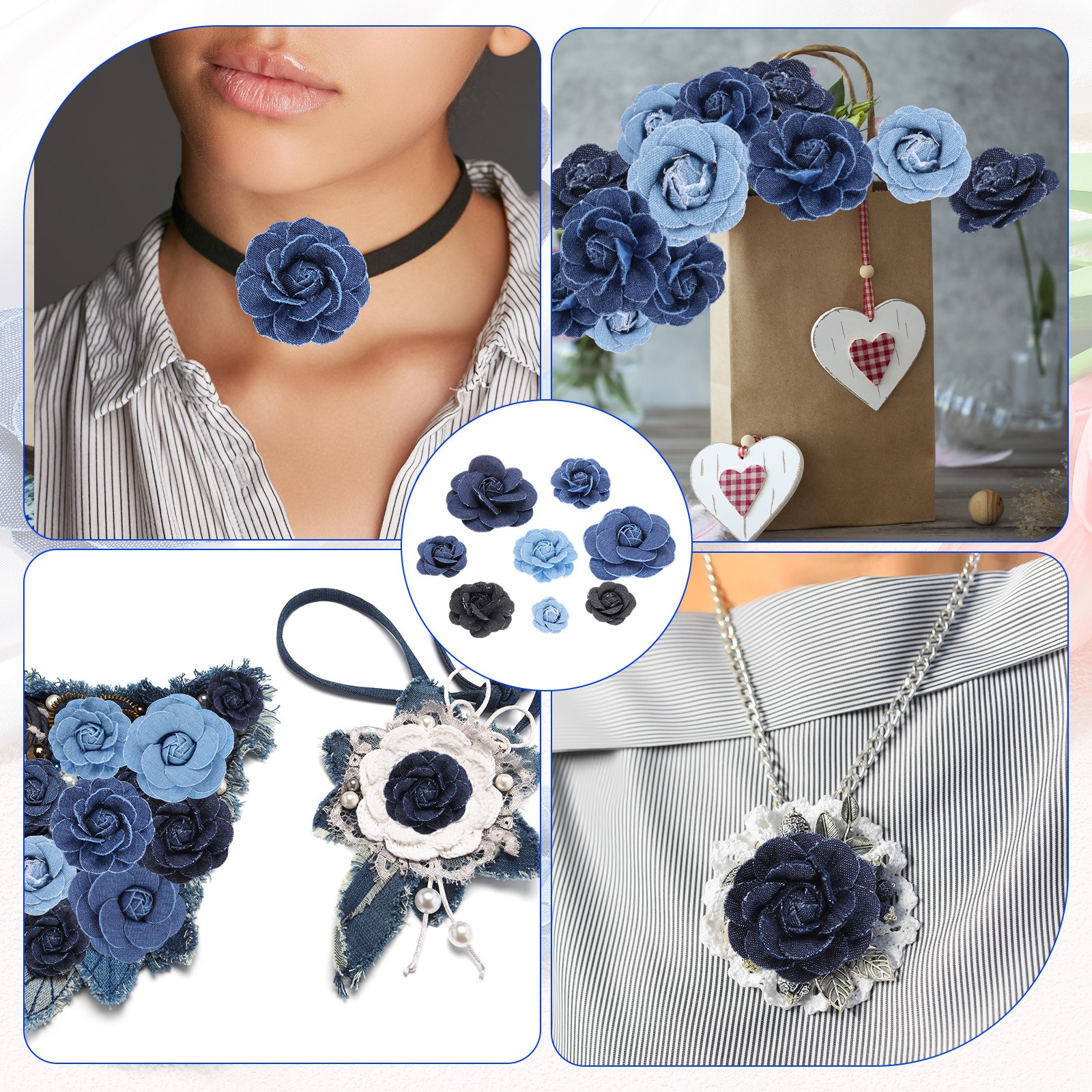 8PCS 4 Sizes Fabric Flower, Denim Cloth Flowers, Blue/Black