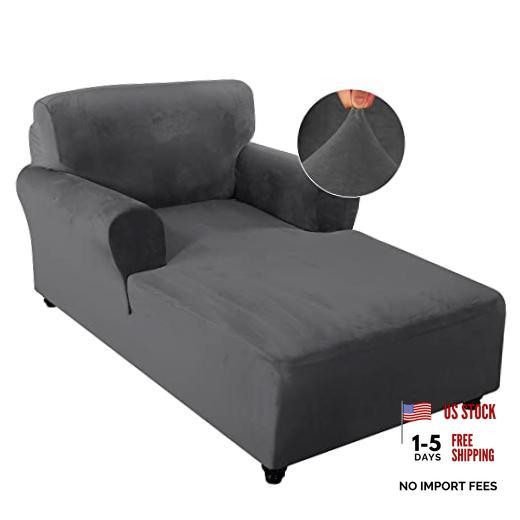 Velvet Chaise Lounge Cover Stretch Double Arm Chair Double Armrests Grey