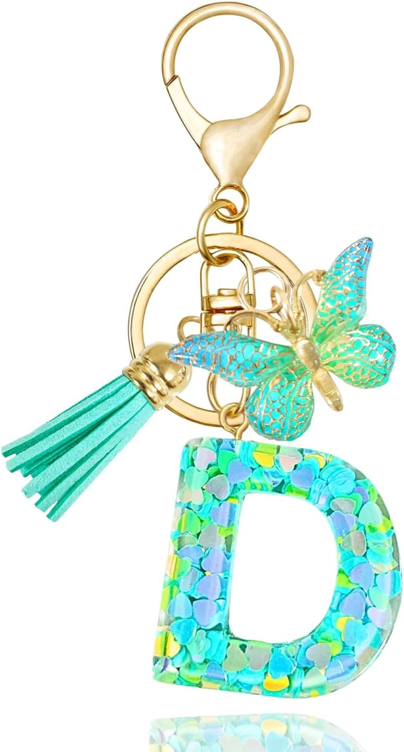 Purple-Blue Pink Green Resin Alphabet Initial Letter Keychain Tassel Butterfly K
