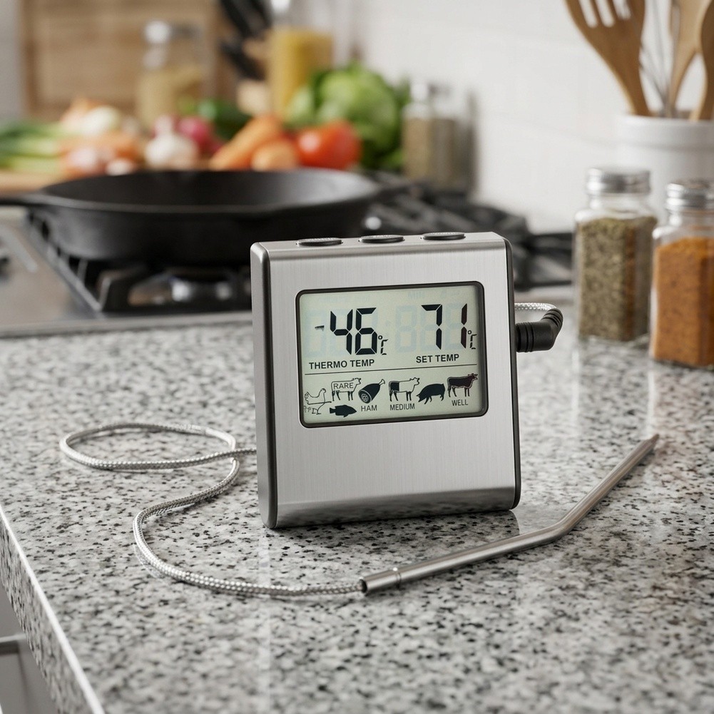LCD For cooking Thermometer with Timer Function and Stainless Steel Probe