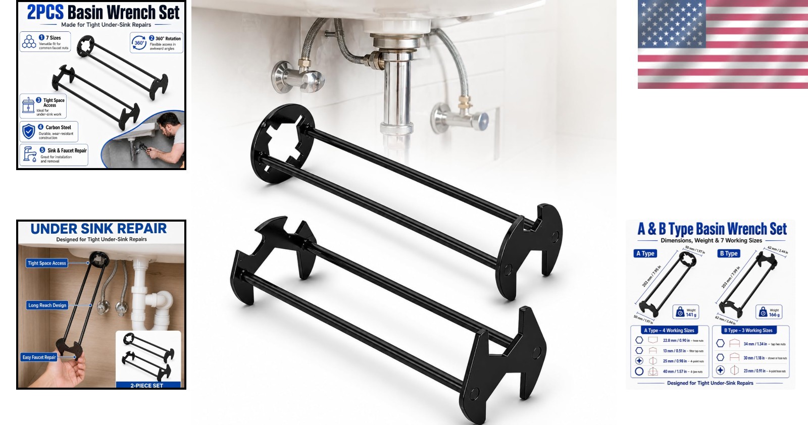 Efficient 2PCS Basin Wrench Set for Tight Spaces - Rotating Head & Metal Build