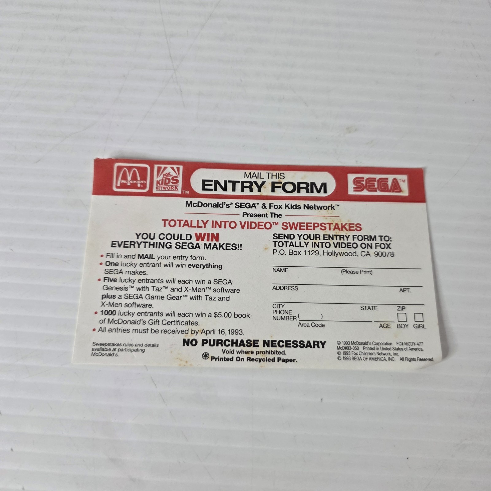 Sega McDonald's Fox Kids Totally Into Video Sweepstakes Entry Form 1993 Vintage