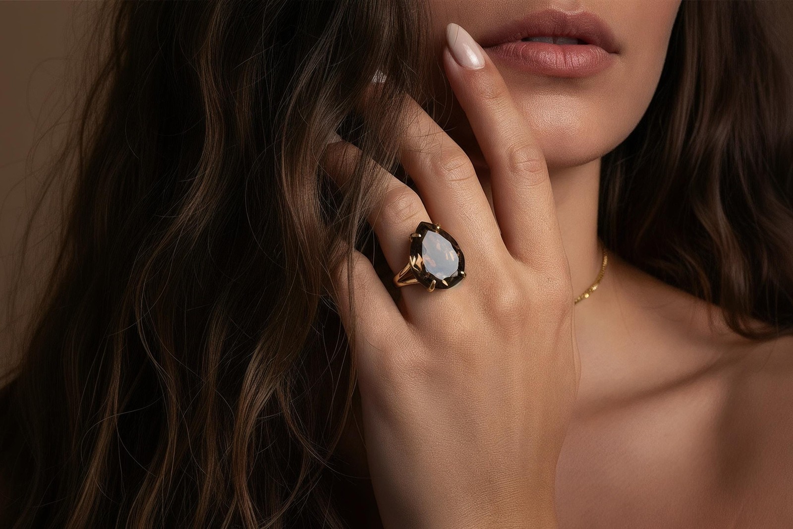 Smoky Quartz Ring Anemone Handmade Pear Cut Teardrop Gem Brown Gold