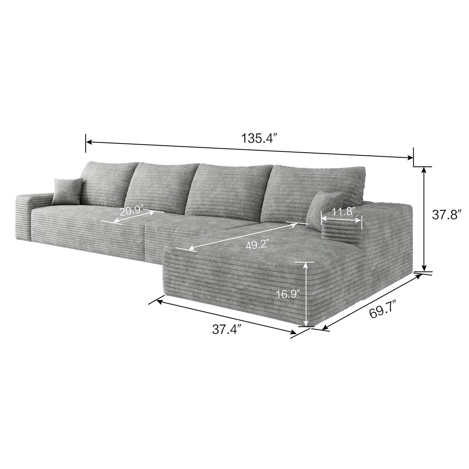 135" Cloud Sectional Couch with L-Shape Chaise,Modern Modular Sofa with Deep S