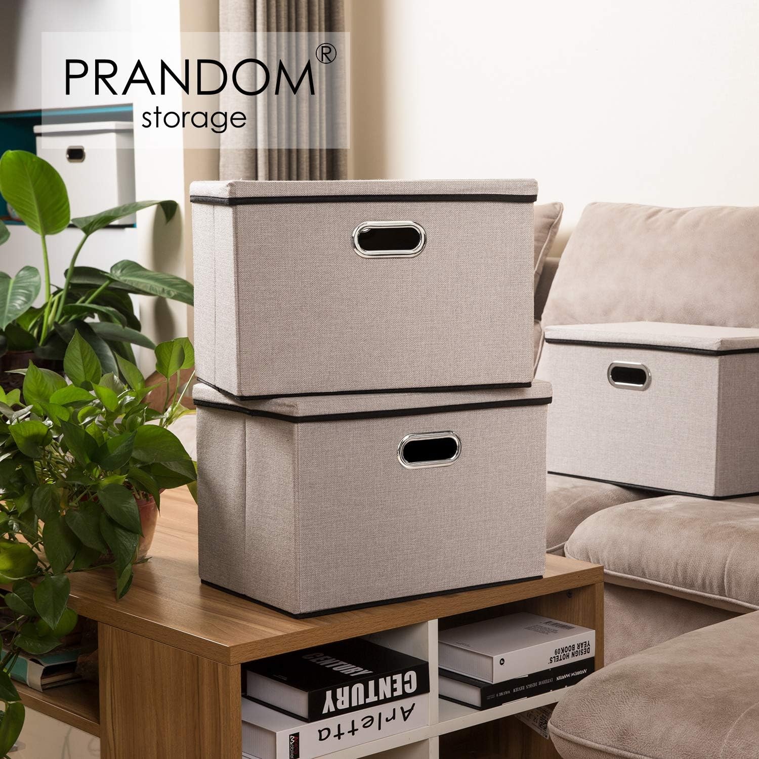 Large Foldable Storage Bins W/ Lids [3-Pack] linenFabric Decorative Storage