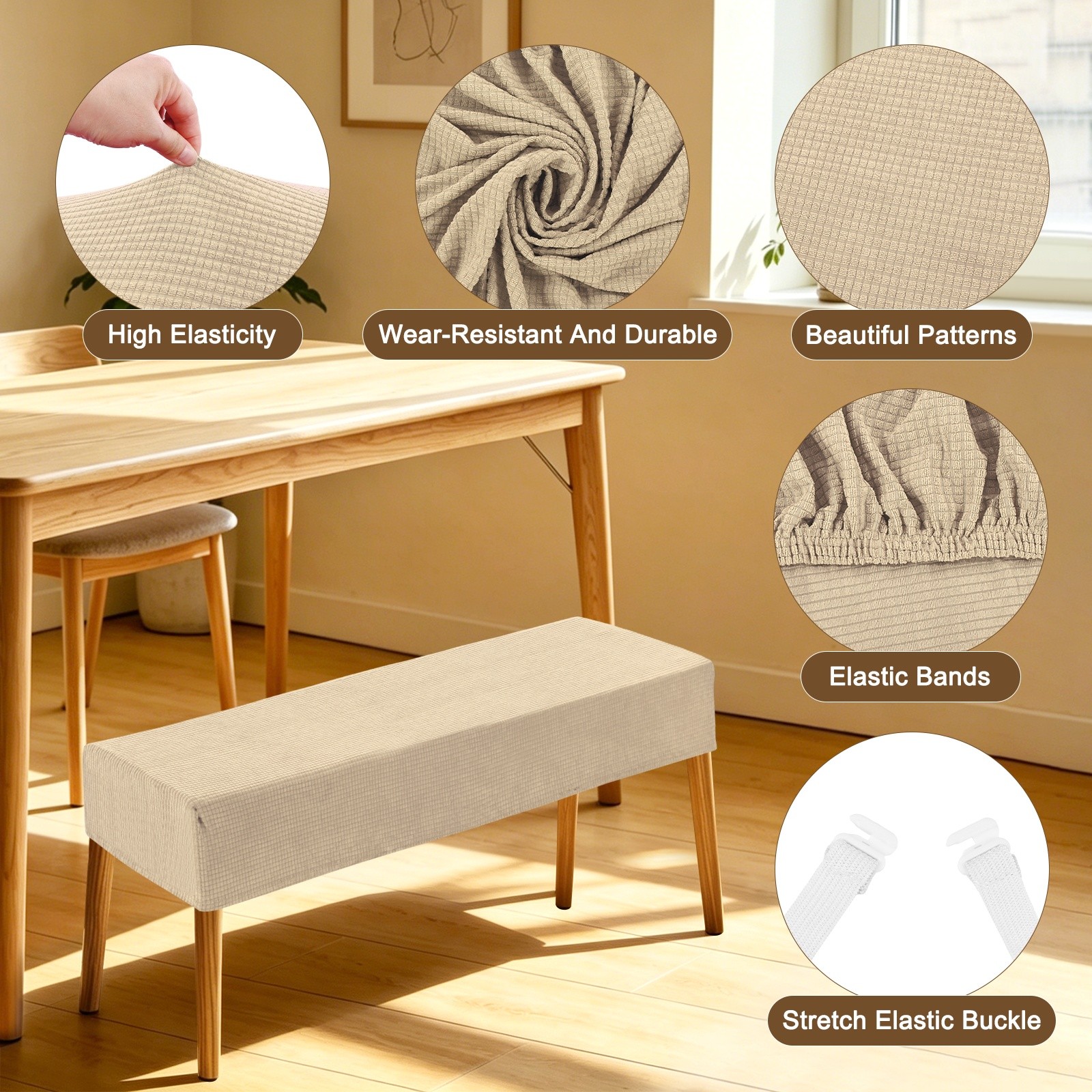 Jacquard Bench Slipcover, 49 - 63" Solid Bench Seat Cover [Khaki, L]