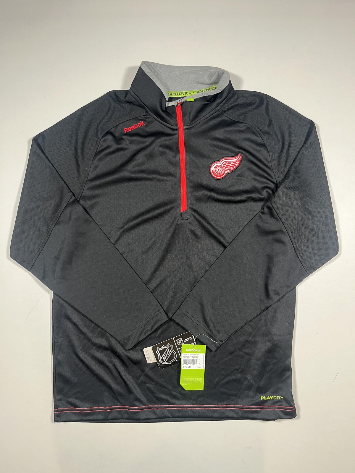 Detroit Red Wings Shirt Mens XL Gray NHL Hockey Reebok 1/4 Zip Center Ice