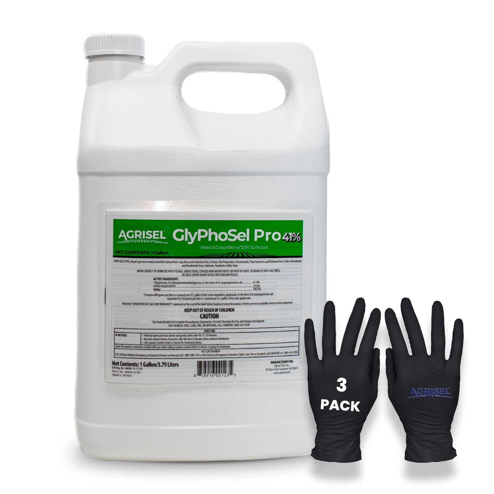 GlyPhoSel Pro Weed Killer, Includes 3-Pack of Agrisel Protective Gloves, 128oz