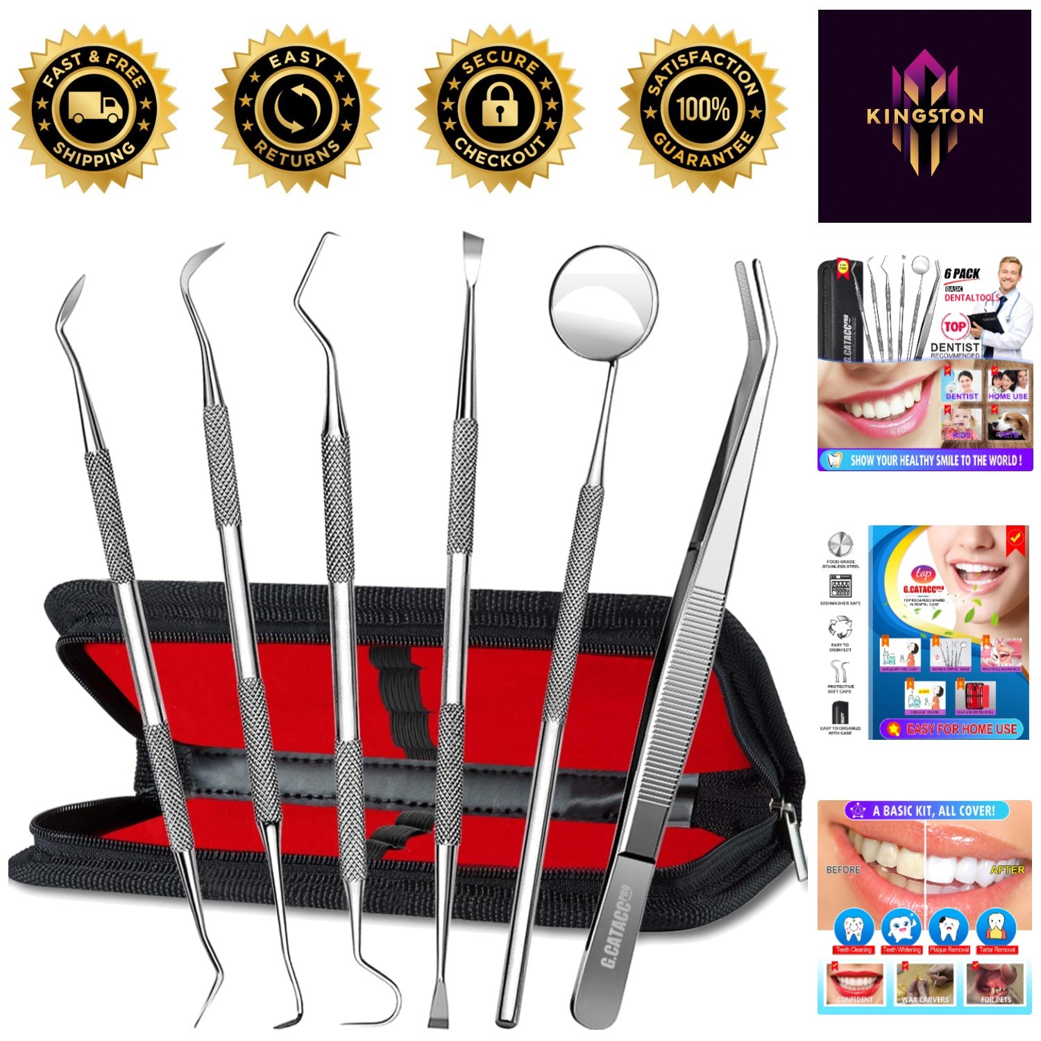 6-in-1 Dental Hygiene Kit: Stainless Steel Plaque Remover with Case & Mirror