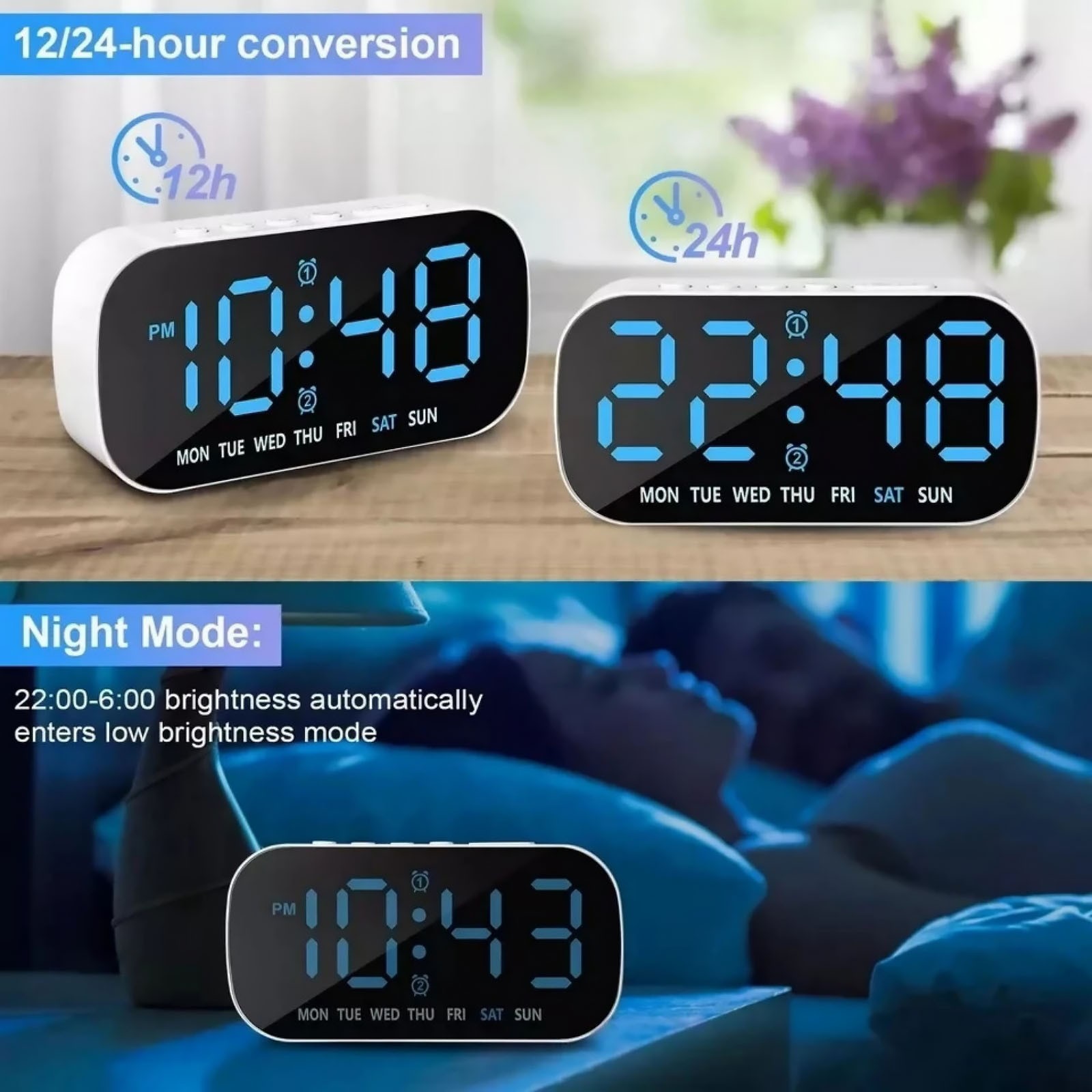 Auto Dimming Large LED Display Digital Alarm Clock With Snooze For Bedroom