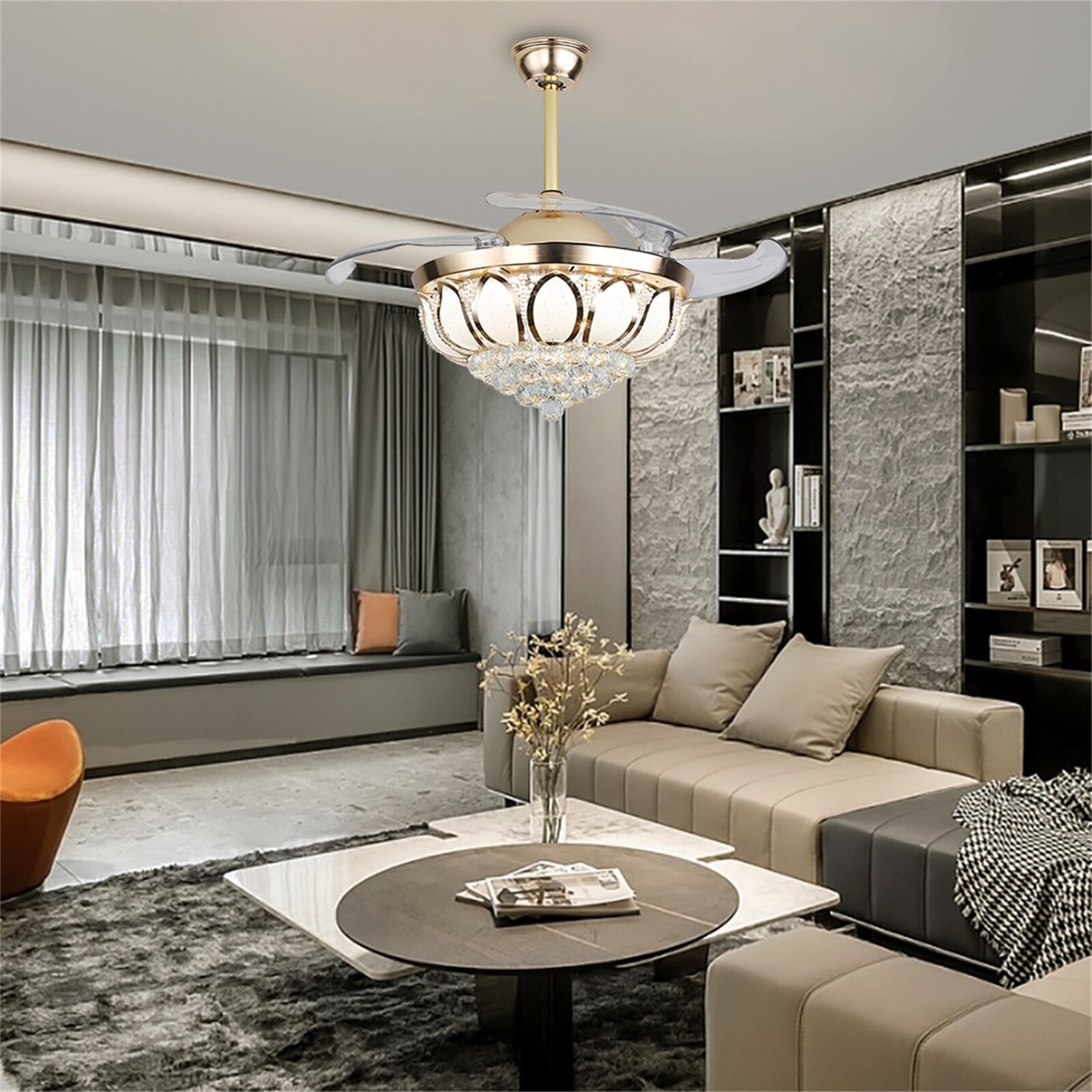 Crystal LED Chandelier Invisible Ceiling Fan Light Ceiling Lamp w/Remote Control