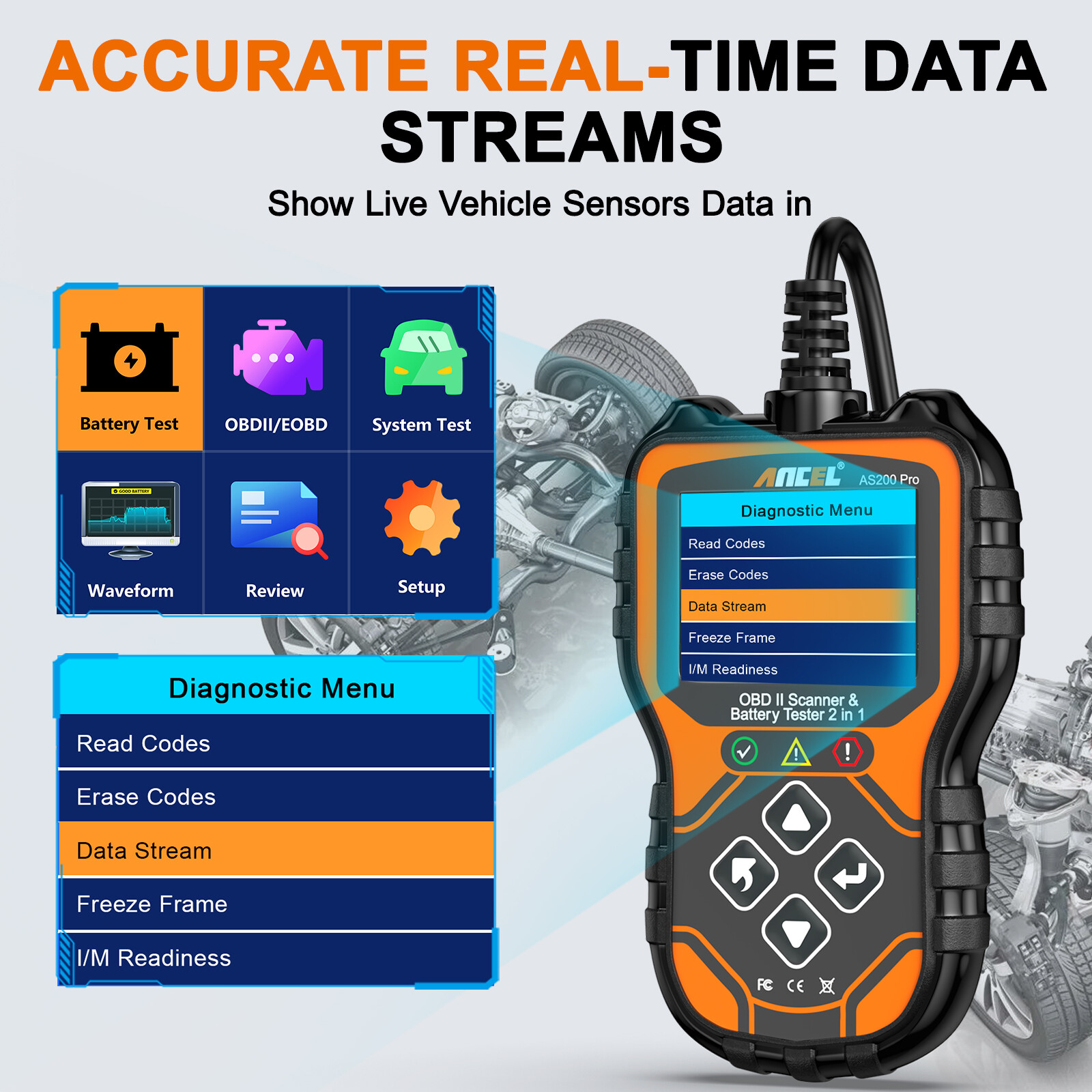 ANCEL AS200 Pro OBD2 Scanner Check Engine Code Reader Scan Tool 24V Battery Test