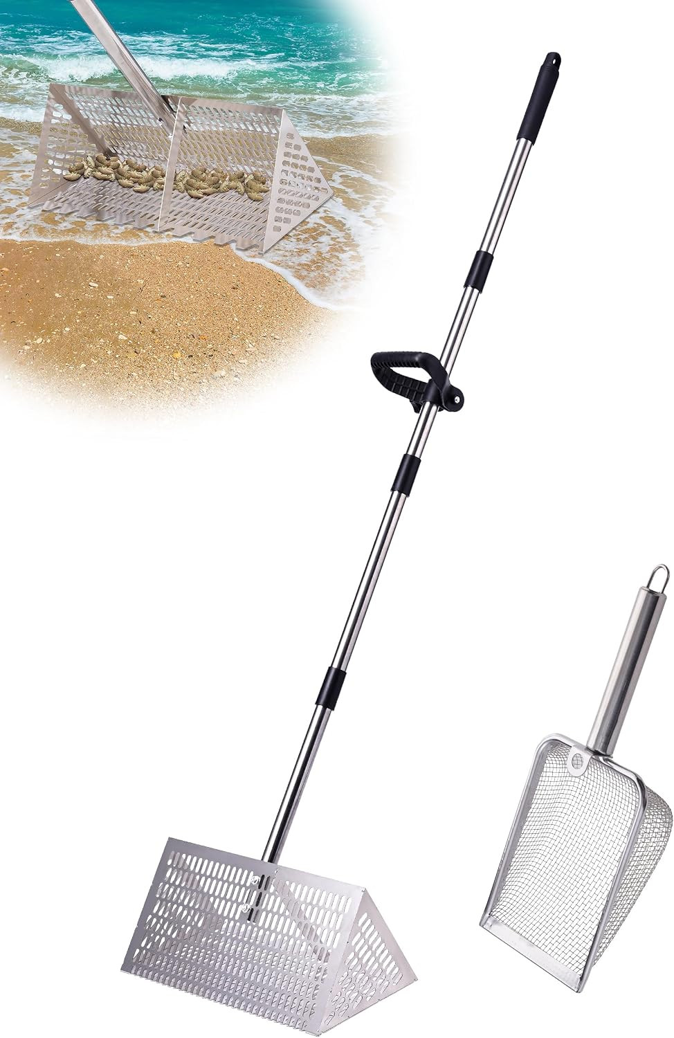 Sand Flea Rake 16" Wide - Detachable 54" Handle with Shark Tooth Screen - Steel