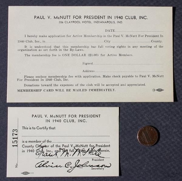 1940 Indiana Governor Paul McNutt for President Club 2 Membership card set RARE-
