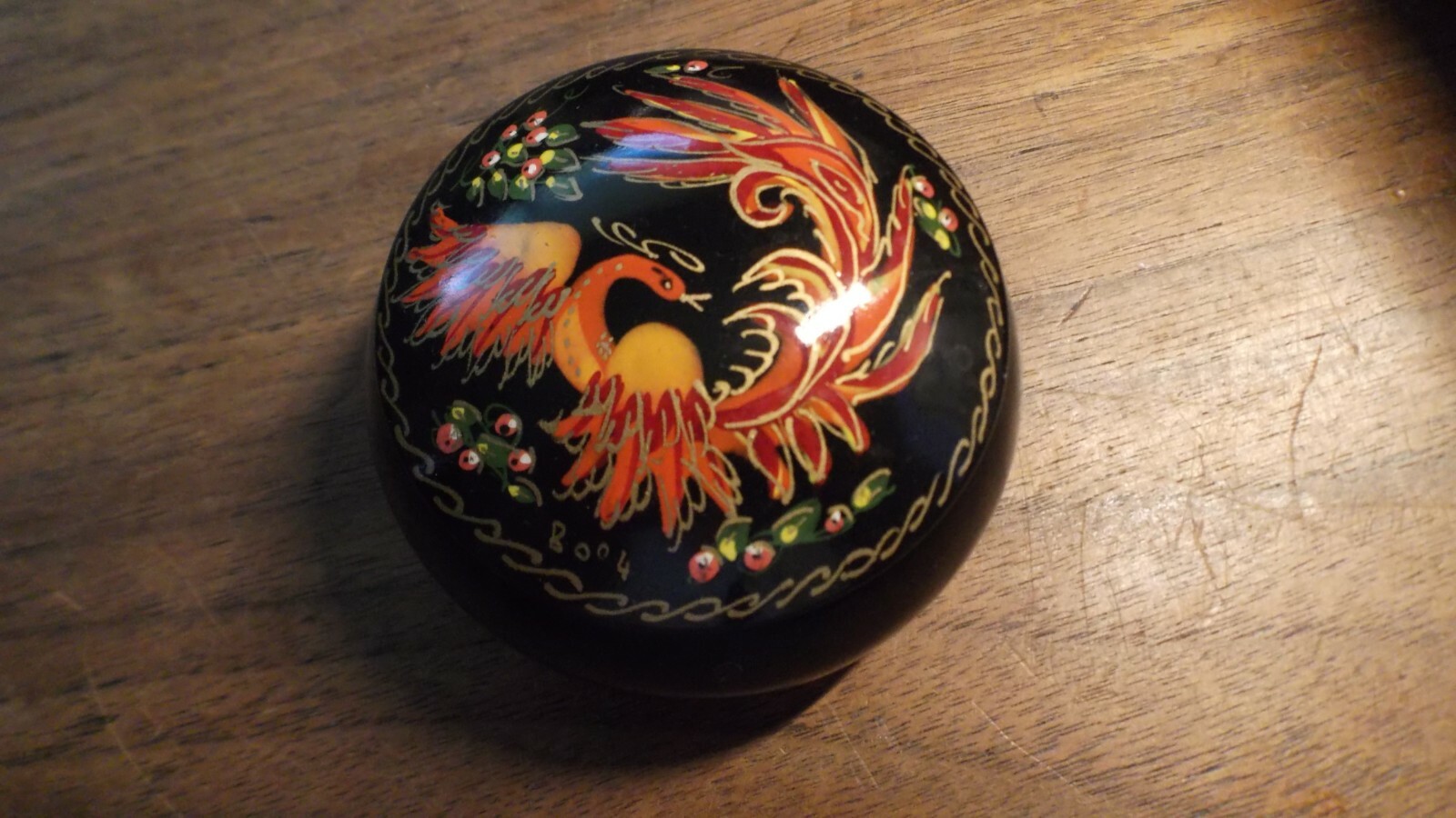 Beautiful Russian Firebird Trinket box. Handpainted. 3" round