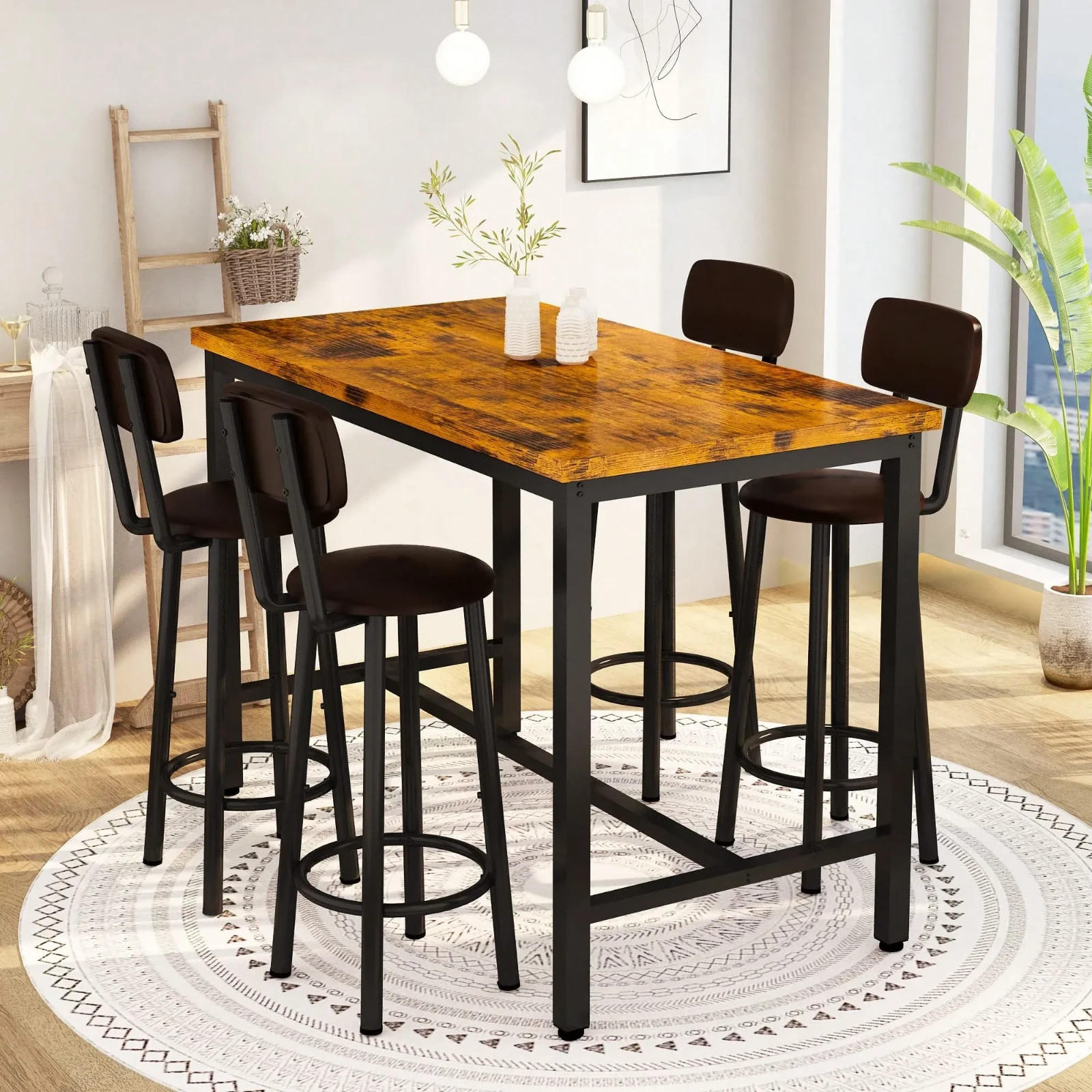 5Pcs Dining Table Set Imitation Marble Table With 4 PU Upholstered Stool & Chair