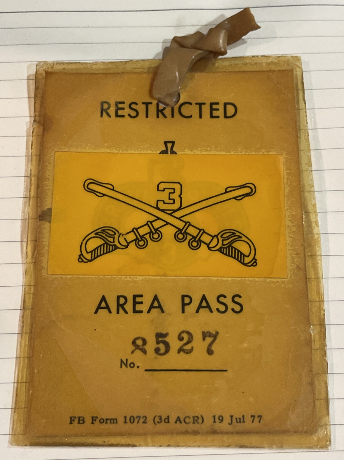 1977 U.S. Army 3rd Armored Cavalry Regiment Restricted Area Pass Fort Bliss VTG