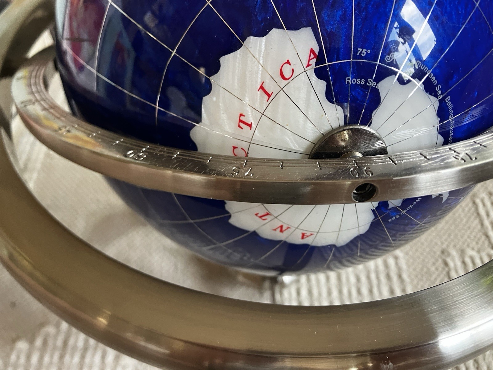 Blue Gemstone Tabletop World Globe w/ Rotating Silver Metal Base Compass