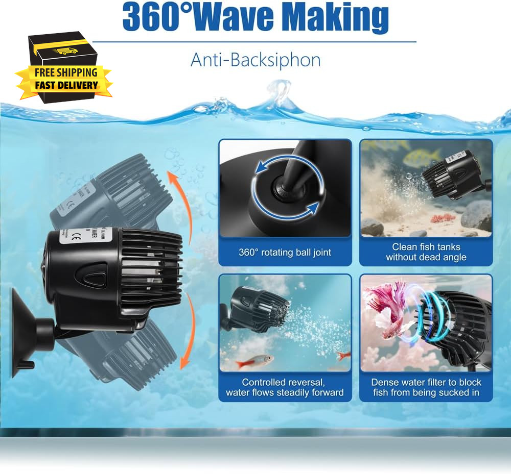 800GPH Mini Aquarium Circulation Pump Ultra-Quiet Fish Tank Wave Maker with Suct