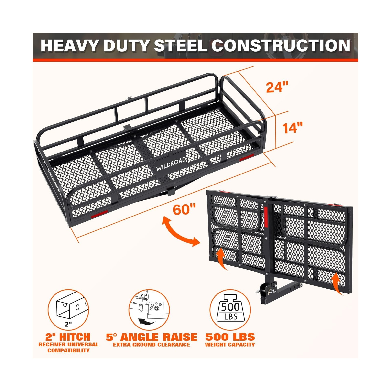 Wildroad Hitch Mount Cargo Carrier Basket 500 LBS Folding Vehicle Cargo Baske...