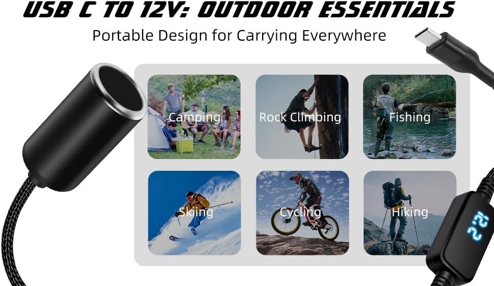 2 Pack 2套USB C Male to 12V Cigarette Lighter Socket Adapter 12V 18W Power Cable