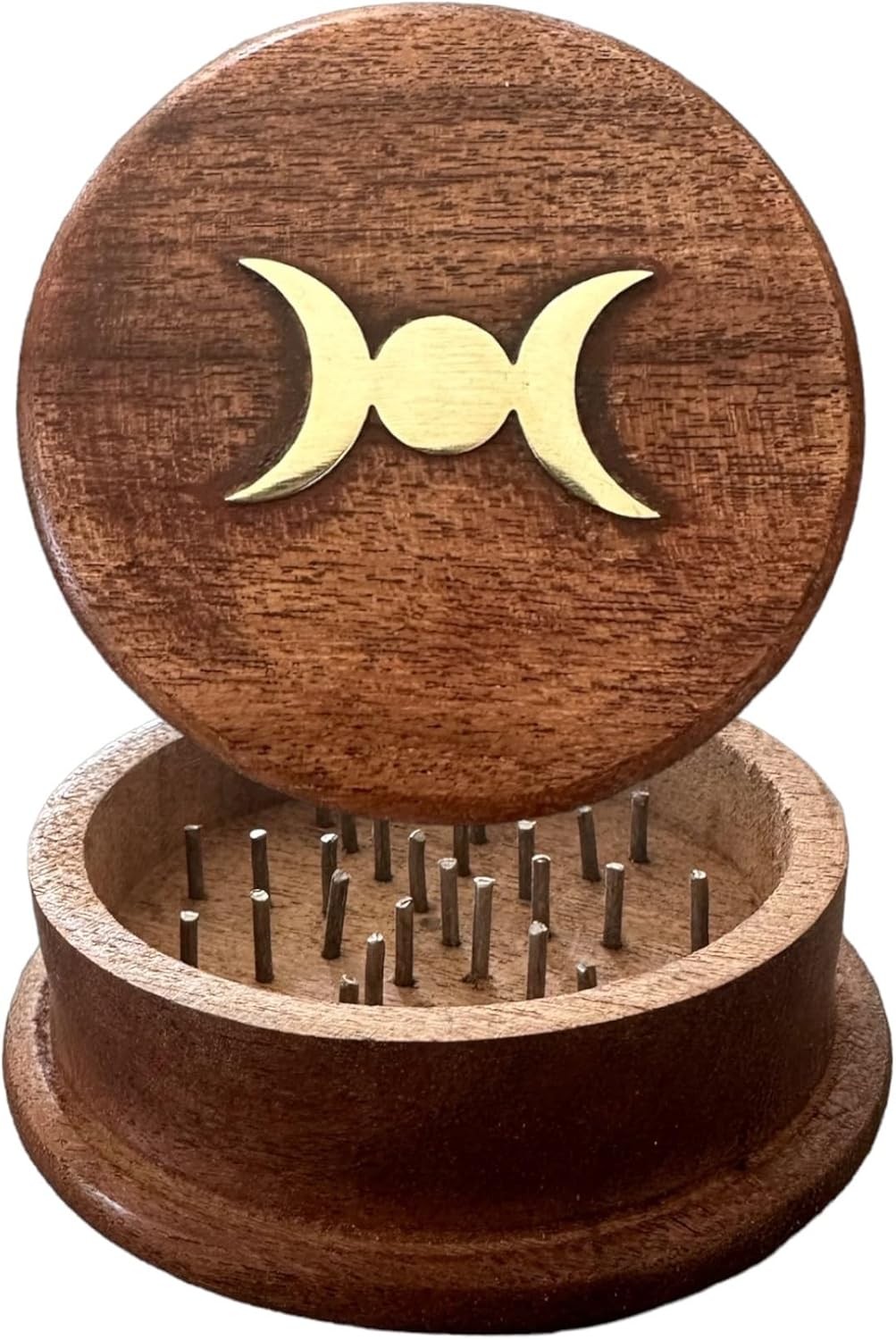 3 inch, Wood Food Spice Herb Grinder Wooden Brass Inlay Triple Moon