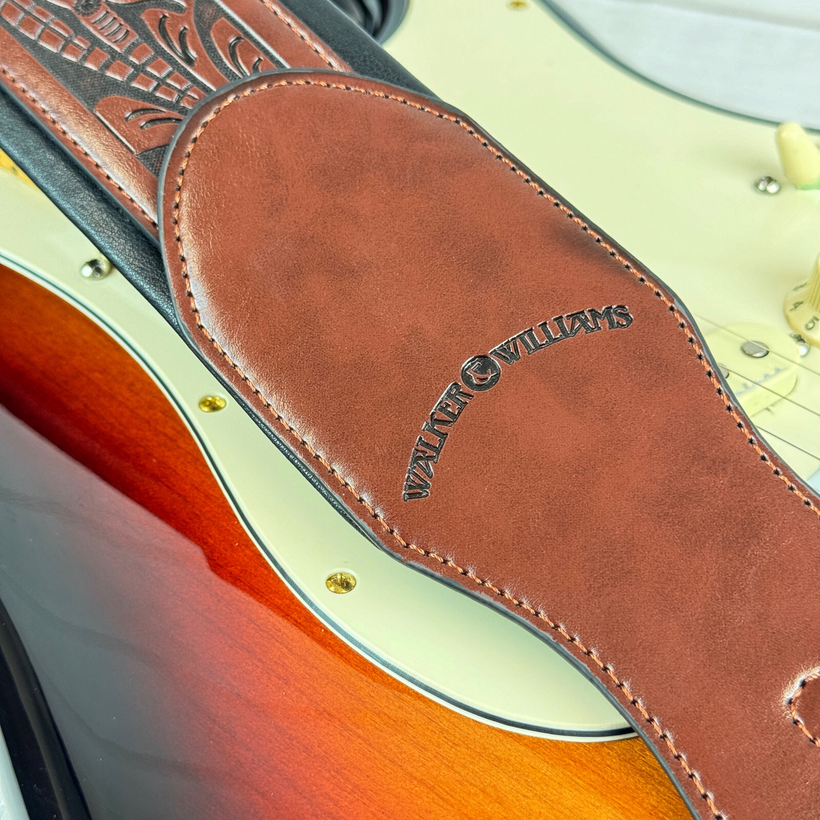 Walker And Williams G-110 Mahogany Brown Padded Strap with Embossed Tooling 