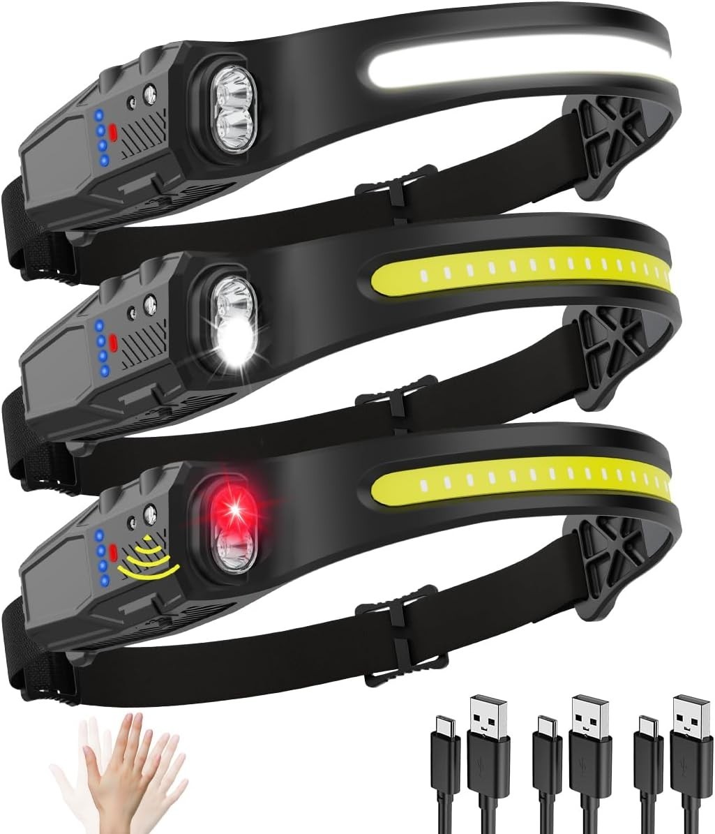 3 Pack Odelfi Strip Light Pro Headlamp with Motion Sensor&Spotlight Lightweight.