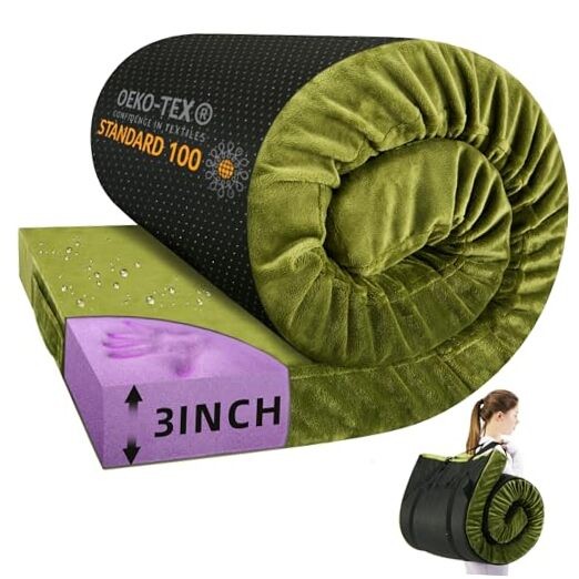 Memory Foam Camping Mattress Pad 3inch Waterproof Roll Up Bed Kid Green