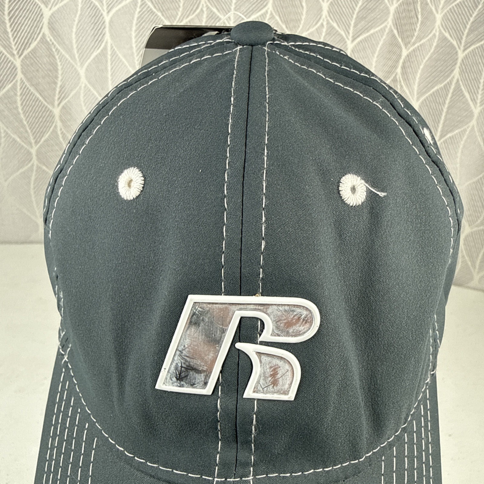 Russell R White Shiny on Gray Blue Hat Cap S/M Hook Loop NWT