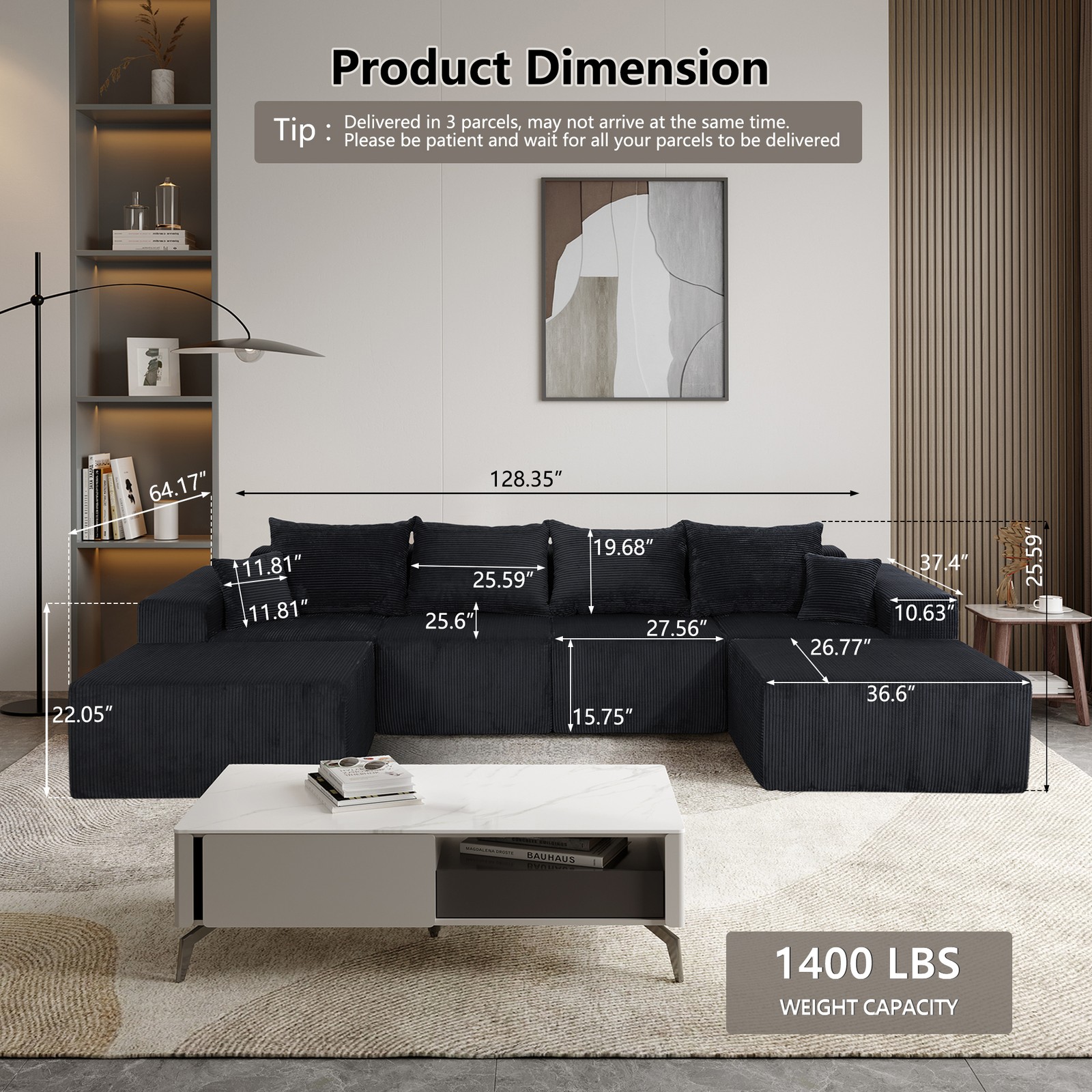 (Old SKU:W3163S00040)6-Piece Modular U-Shaped Sectional Sofa in Black, Convertib