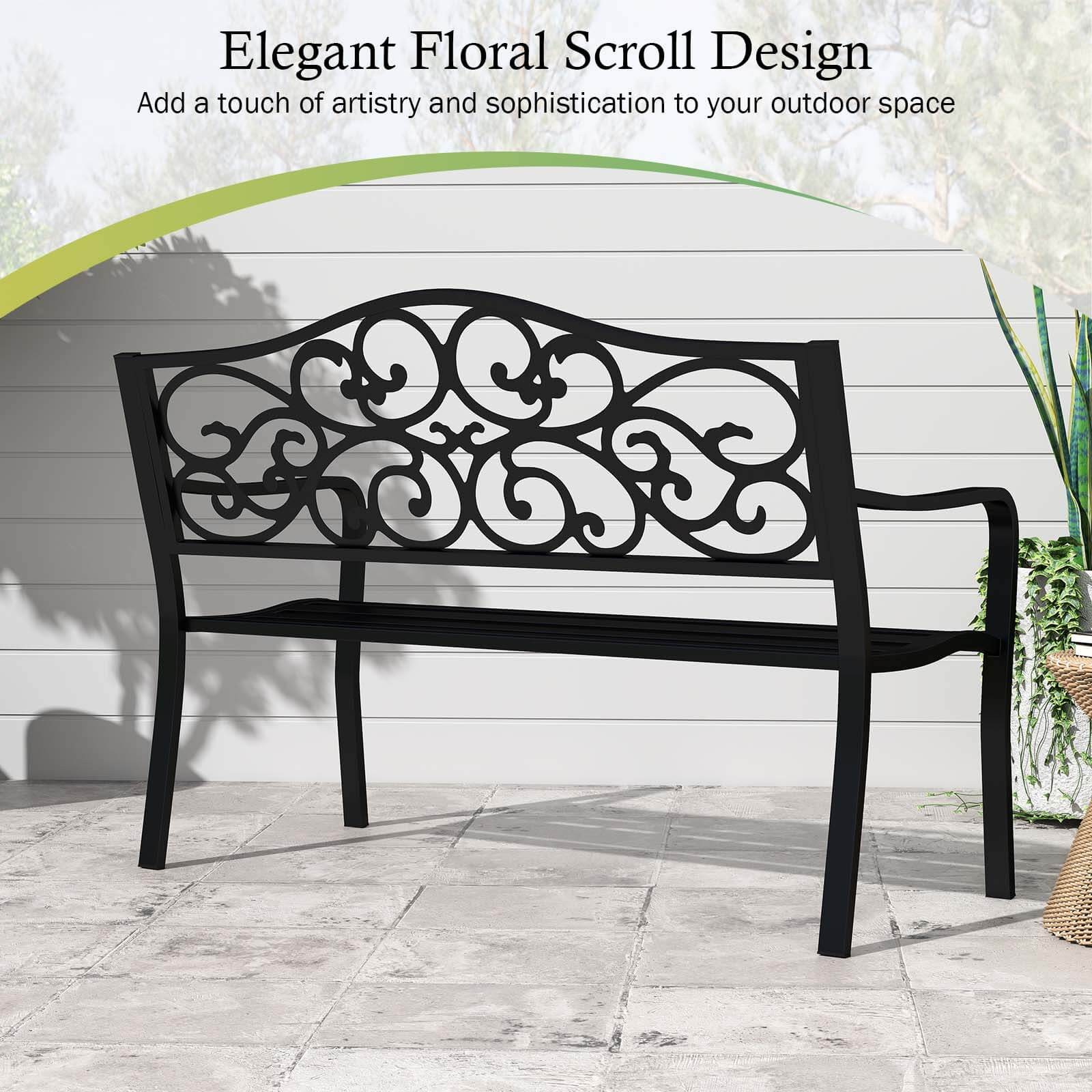 50" Porch Bench w/Ergonomic Backrest & Armrests Floral Patterns Curved