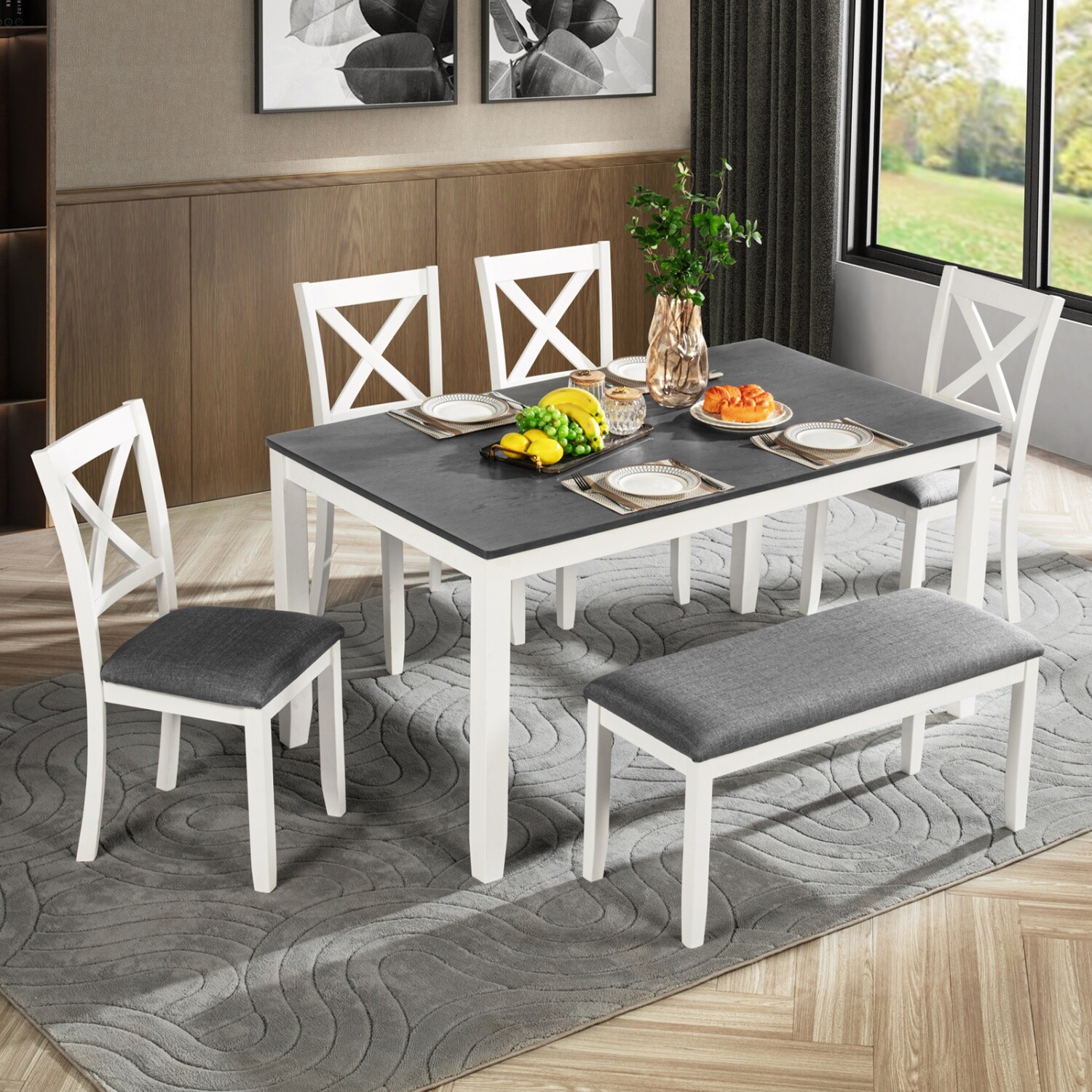 6 Piece Dining Table Set Wooden Dining Table Kitchen Table with 4 Chair & Benchs