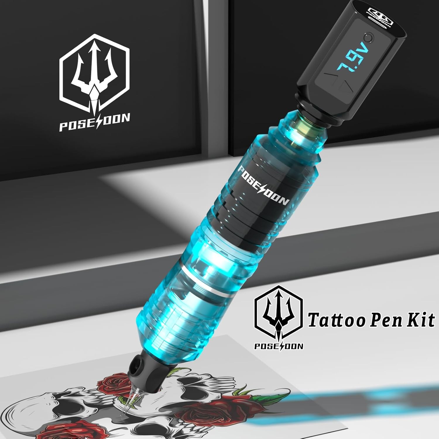 Tattoo Gun Kit POSEIDON Pen with 2pcs 1500mAh Batteries Blue