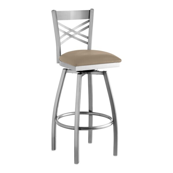 10 PACK Cross Back Clear Coat Metal Swivel Restaurant Barstool with Taupe Vinyl