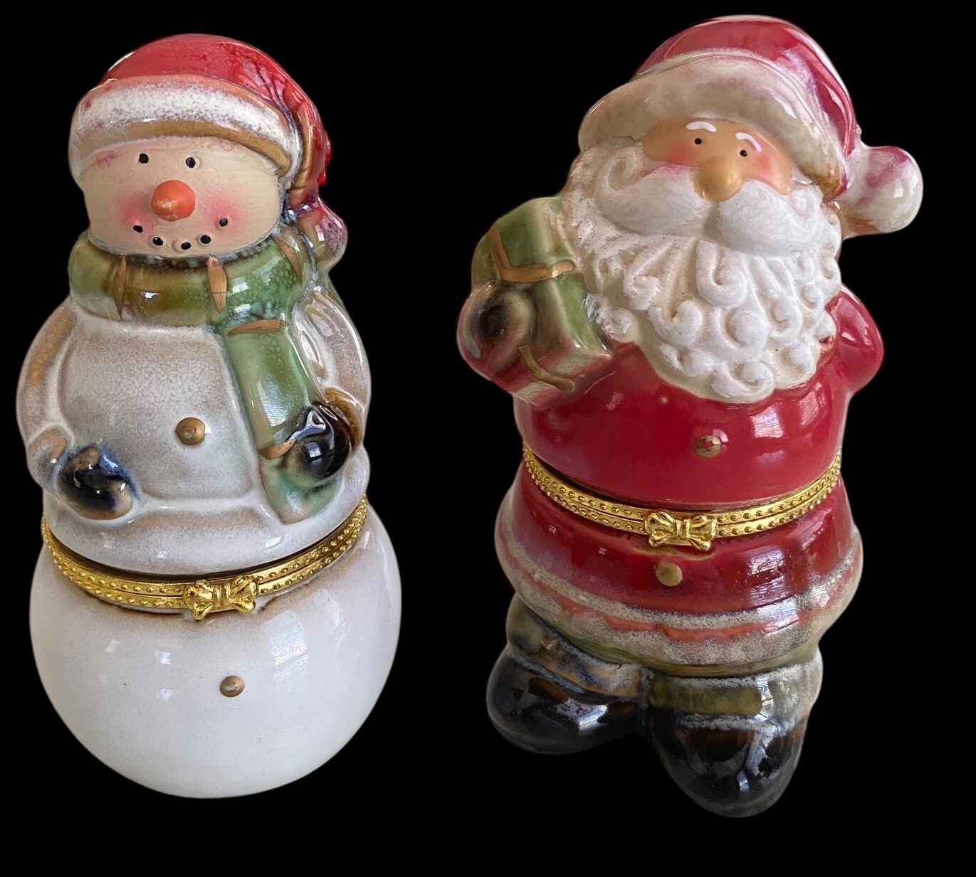 Vintage Porcelain Hinged Snowman & Santa Claus Trinket Boxes 4.5” Tall