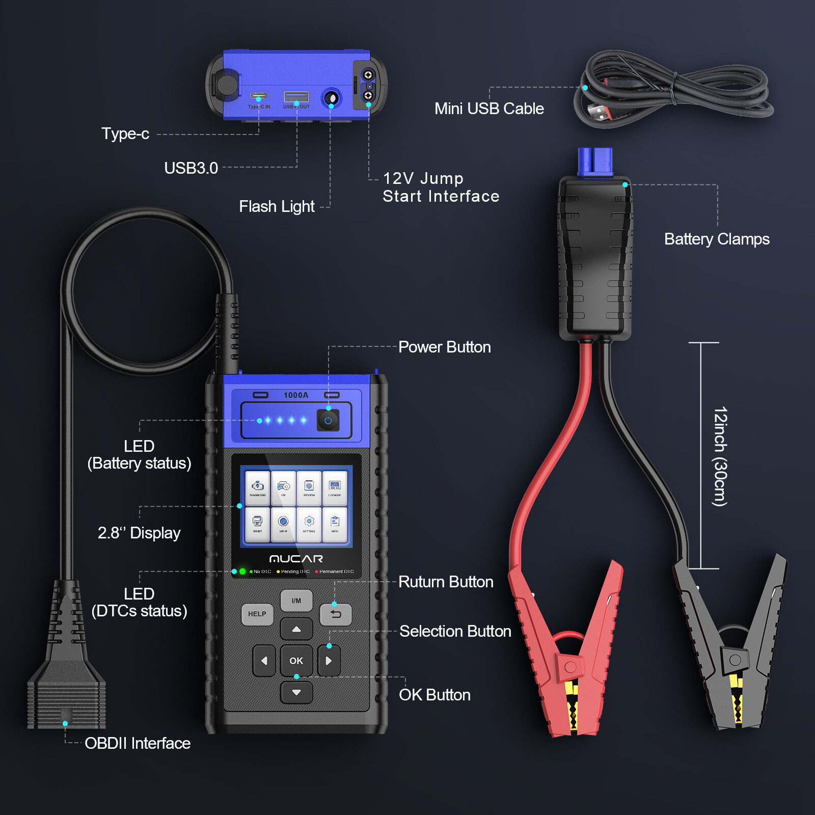 MUCAR JS501 OBD2 Code Reader Universal Car Jump Starter Booster Battery Charger