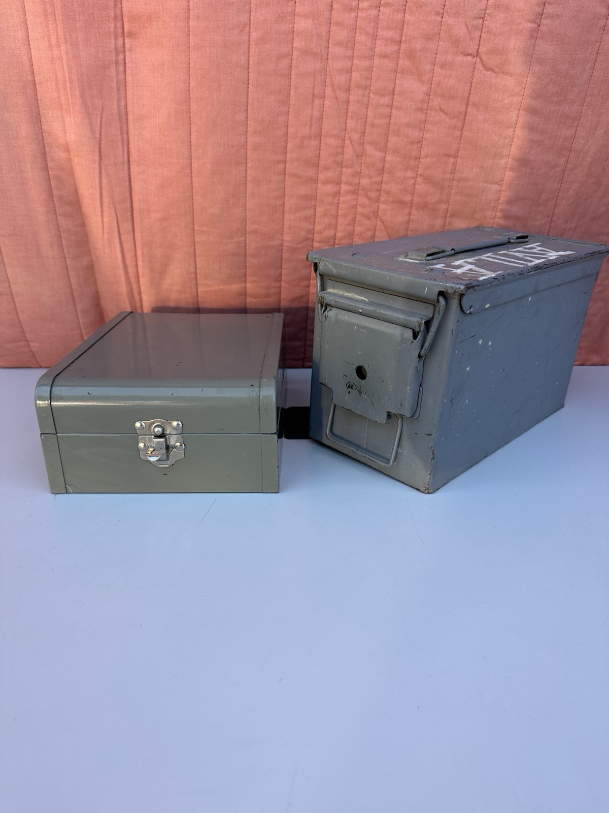 A Lot Of 2 Small Metal Containers One Ammo Can Other Card Separator Storage ￼
