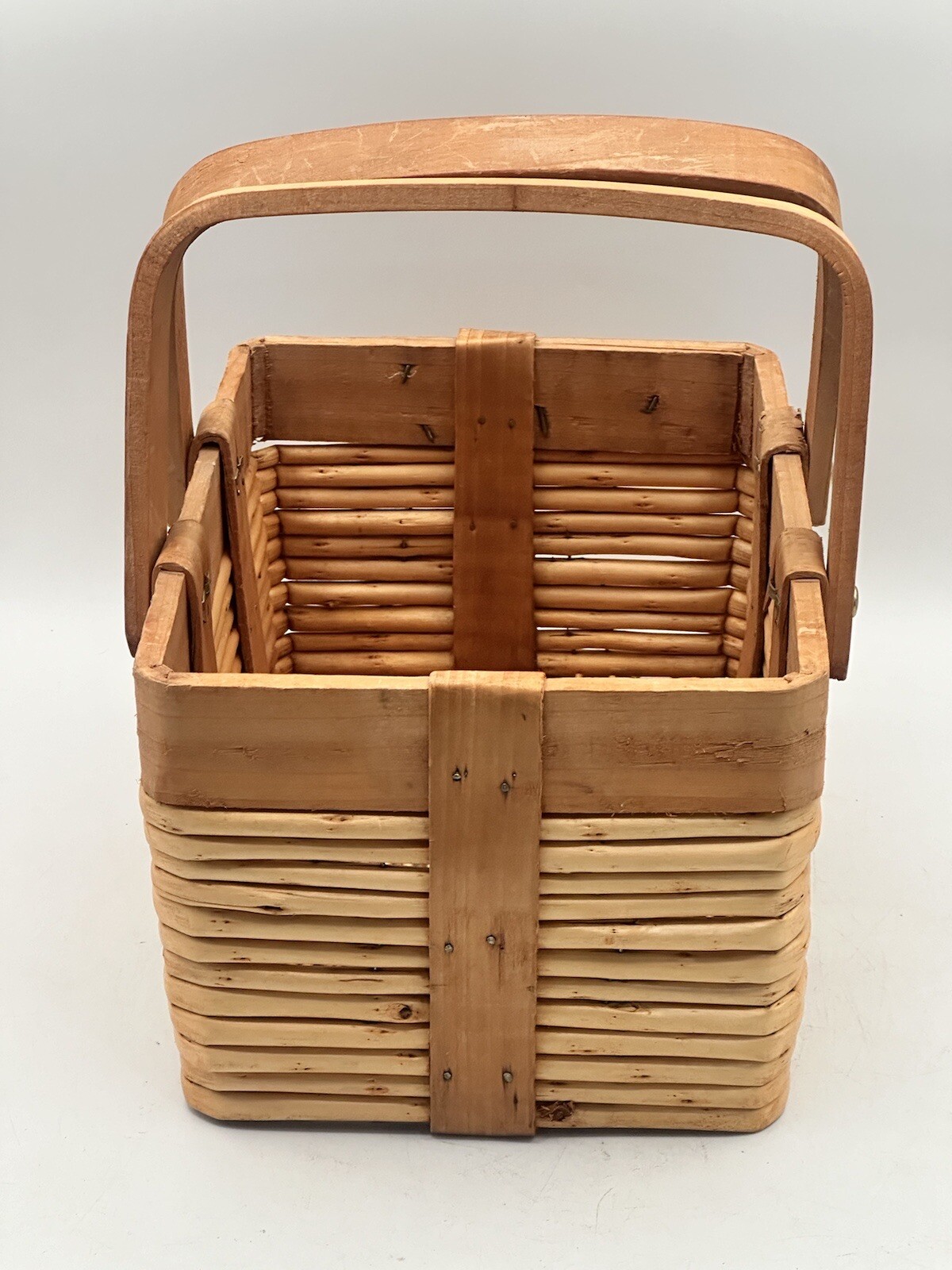 Vintage Woven Wood Gathering Basket With Folding Handles
