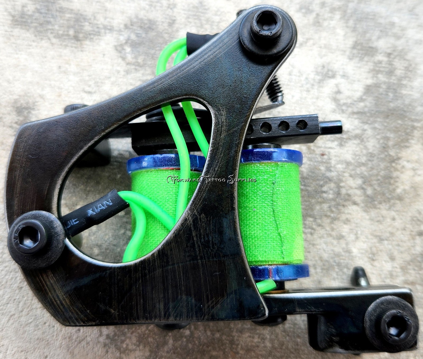 Blackened Distressed Jensen Liner Tattoo Machine Light Blue Neon Lime Handmade