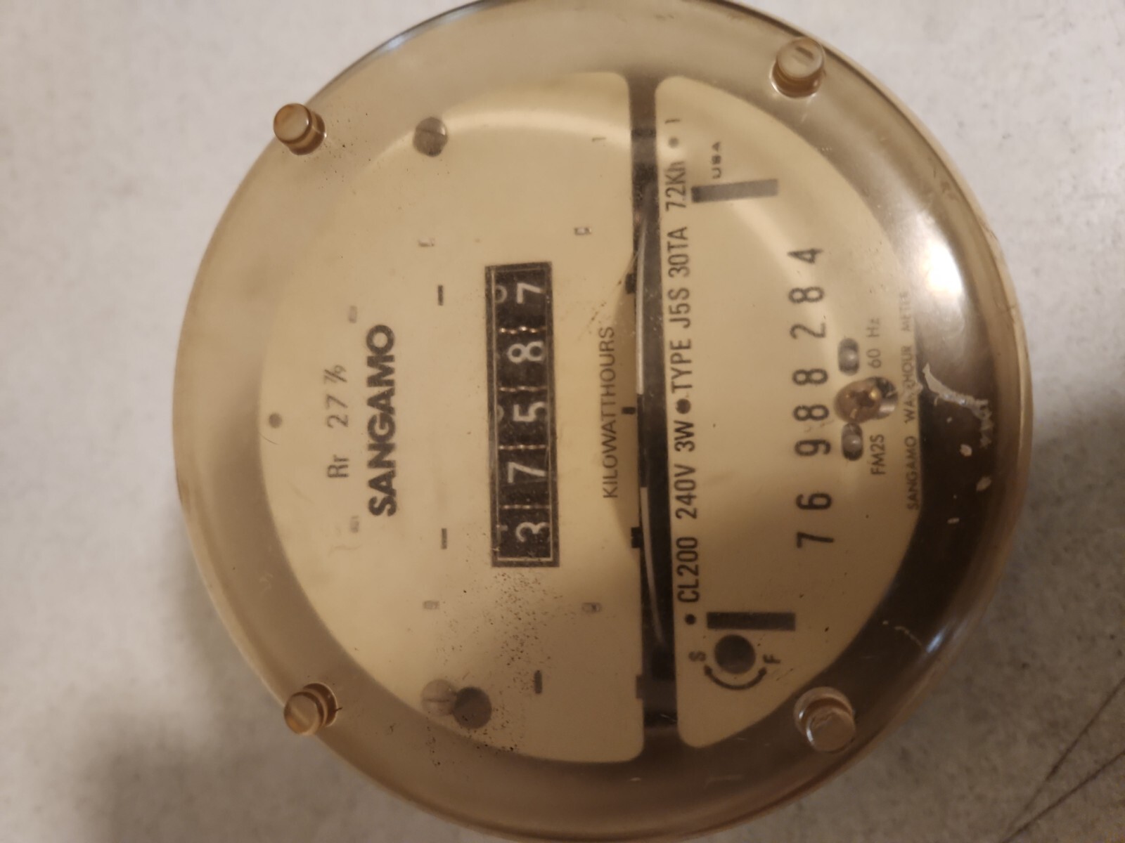 Sangamo Type J5S Electric Watthour Meter CL200 240V 3W 30TA 7.2kh KWH EZ Read