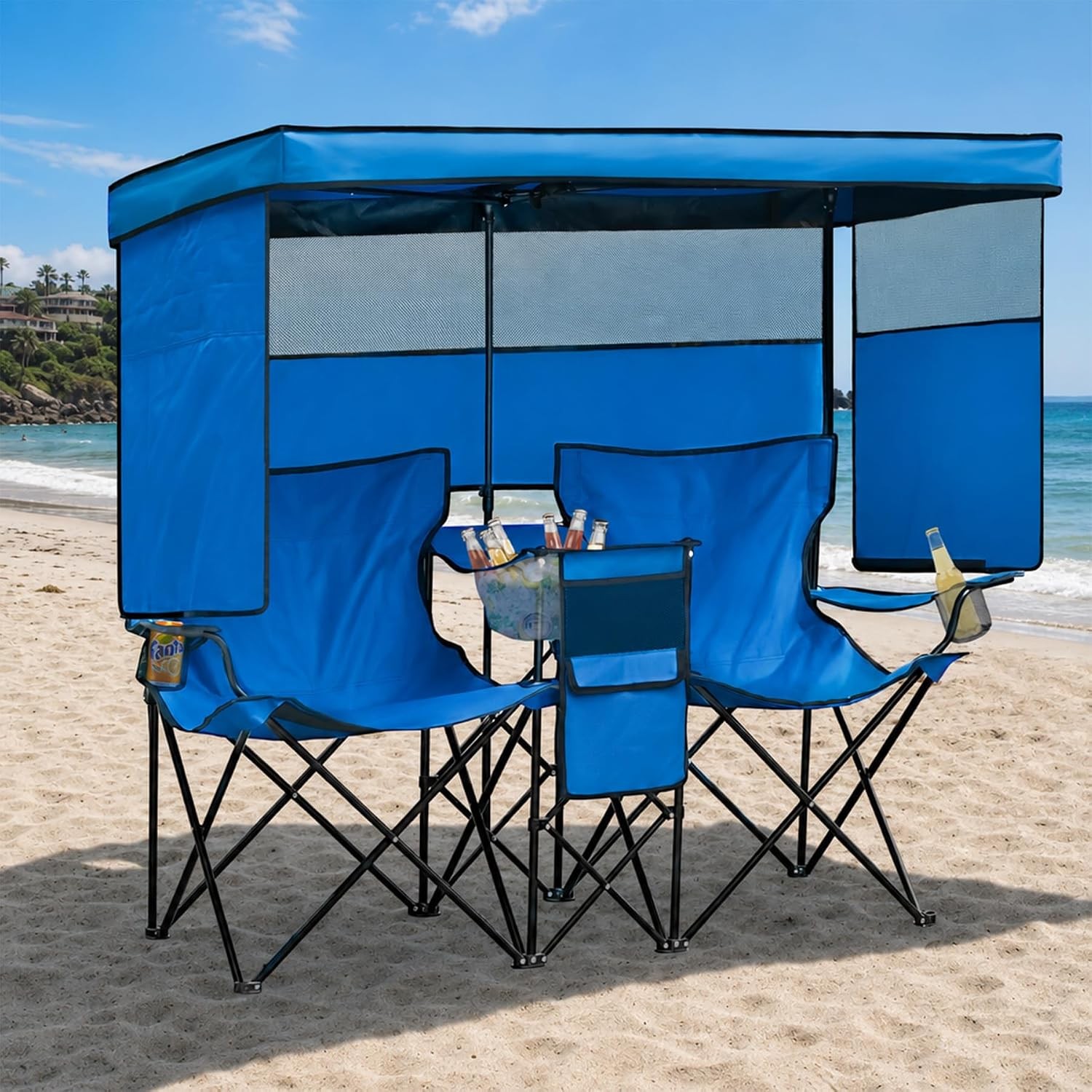 Double Beach Chair with Canopy Shade Oversized Camping Chairs with Cooler BagCup