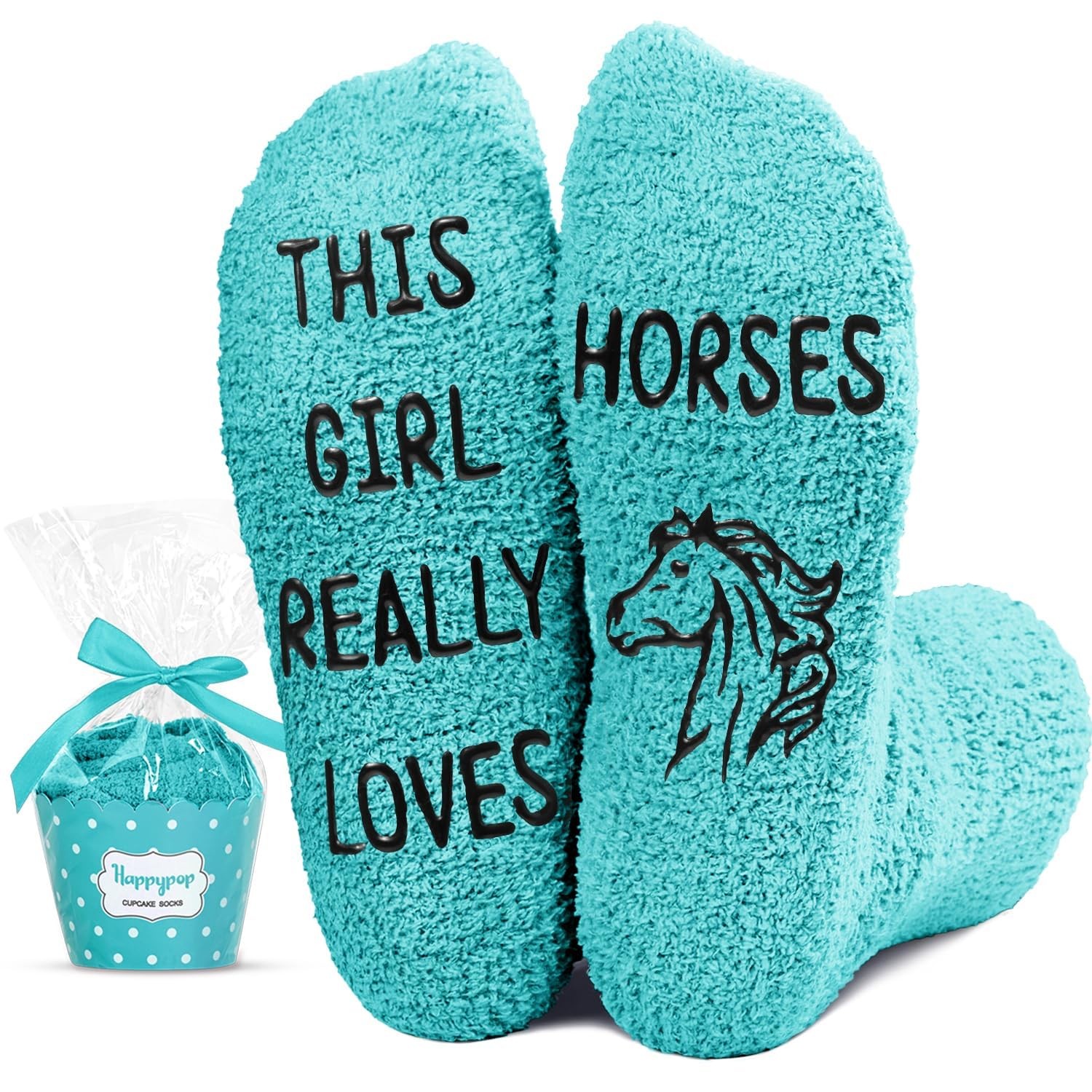 HAPPYPOP Fuzzy Horse Socks Women - Medium, Girl Really Loves Horses Green