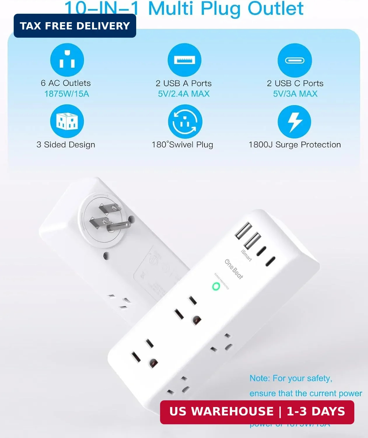 Surge Protector Outlet Extender - with Rotating Plug, 6 AC Multi Plug Outlet wit